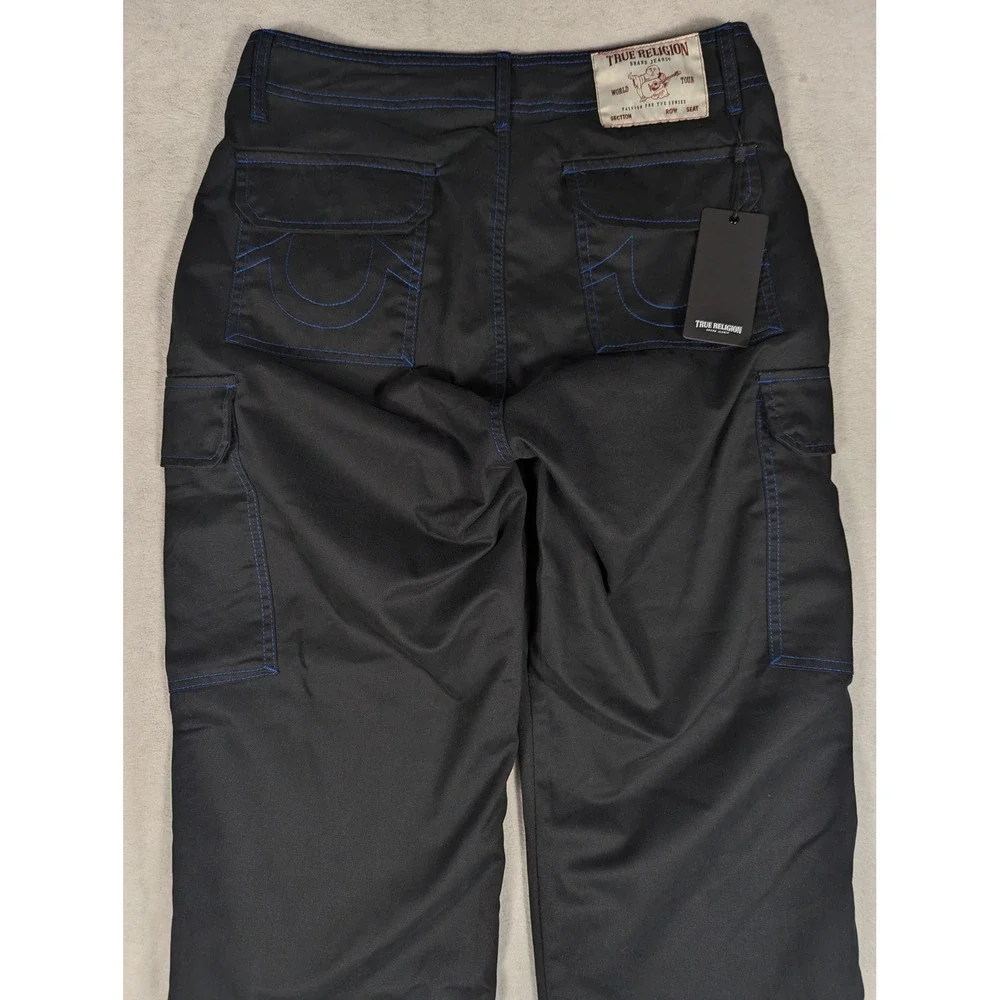 NEW True Religion Mens Cargo Pants Jet Black Pacific Blue Stitch 108335 Size 30
